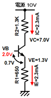 トランジスタの電圧算出例とｇｍ（VB=2.0V)